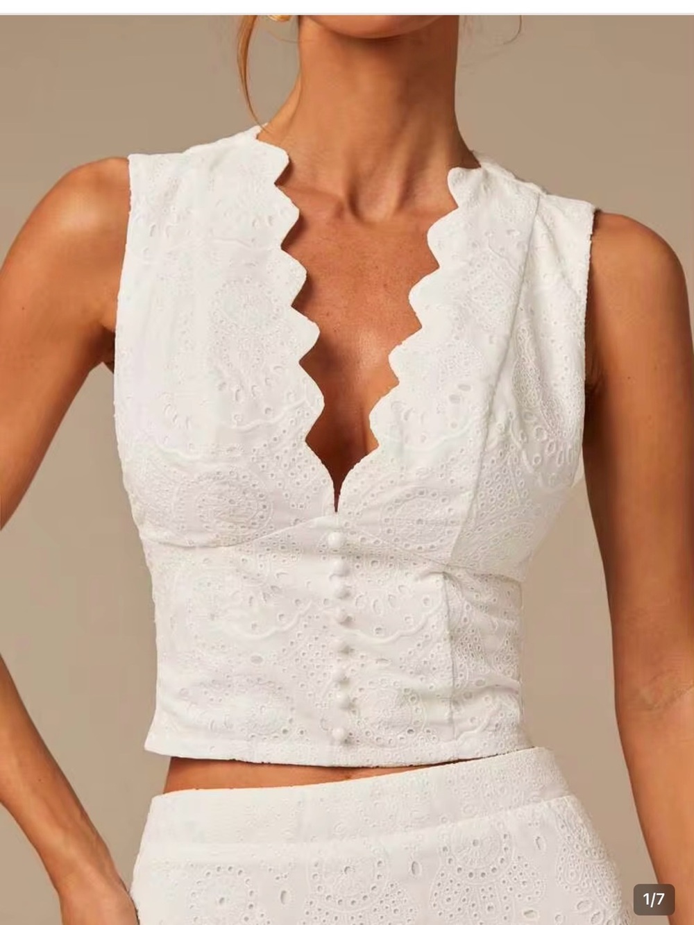 C/MEO Collective White Eyelet Scallop-Trim Button Vest
